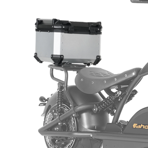 Heckbox montiert am E-Chopper – sicherer Stauraum für Helm oder Einkäufe